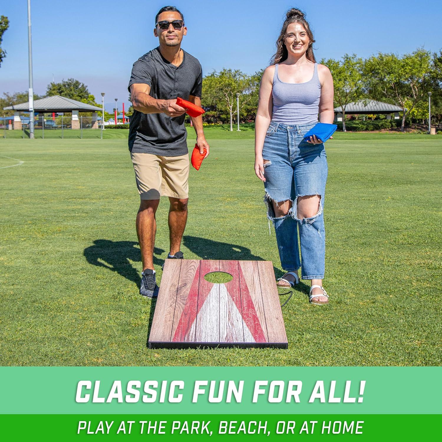 imageGoSports 3 x 2 ft Cornhole Board Set Portable Outdoor Toss Game for Adults ampamp Family Includes Set of 8 Bean Bags with Builtin Storage Choose Your StyleRustic