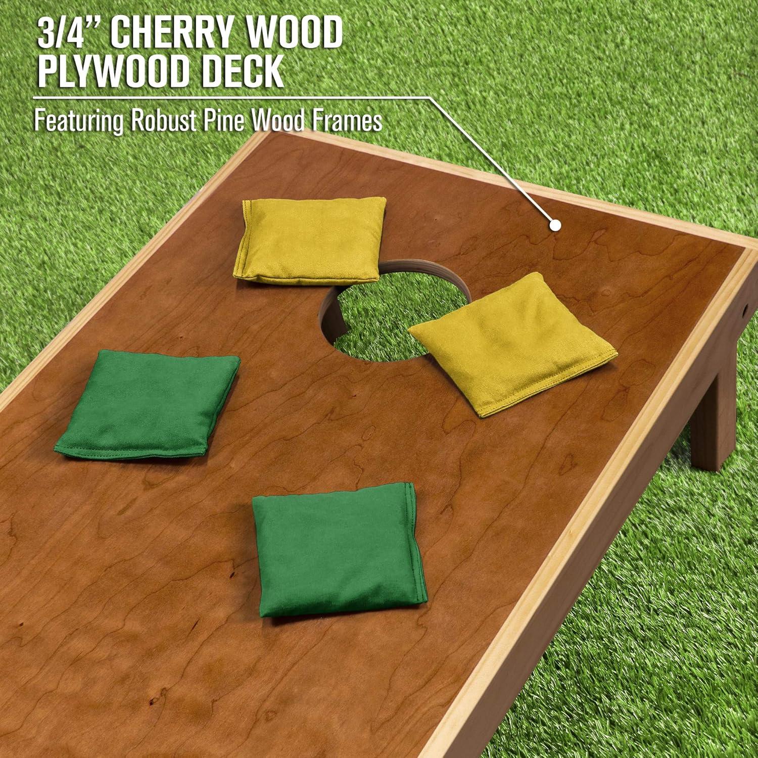 imageGoSports 4 ft x 2 ft Commercial Grade Cornhole Boards Set Natural Wood Cornhole Boards Choose From Different Bean Bag Color CombinationsDark Green Gold