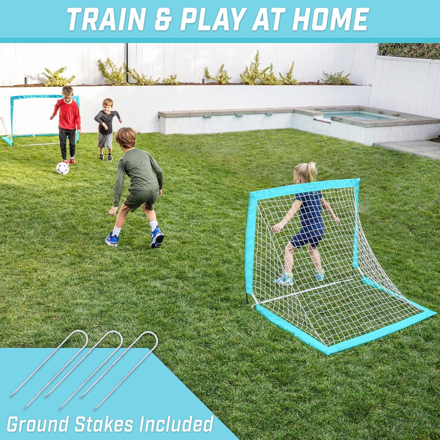 imageGoSports 4 x 3 ft Portable Soccer Goals for Kids  13 Colors  Set of 2 Team Tone Pop Up Nets for BackyardLight Blue