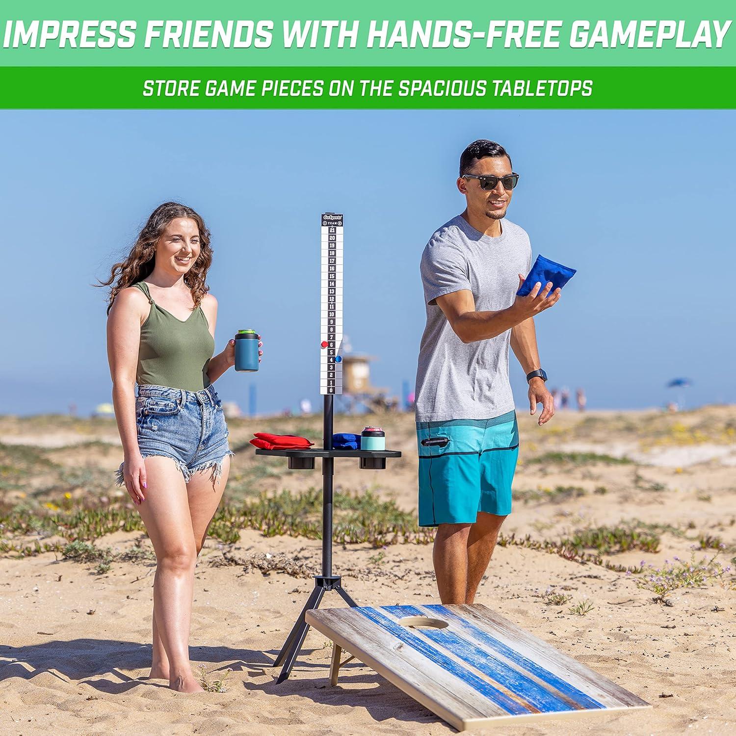 imageGoSports All Weather Metal Cornhole Scoreboard with Drink Holders Black or White Magnetic Outdoor Score Keeper for Yard Games Set of 2 ScoreCaddy TablesBlack