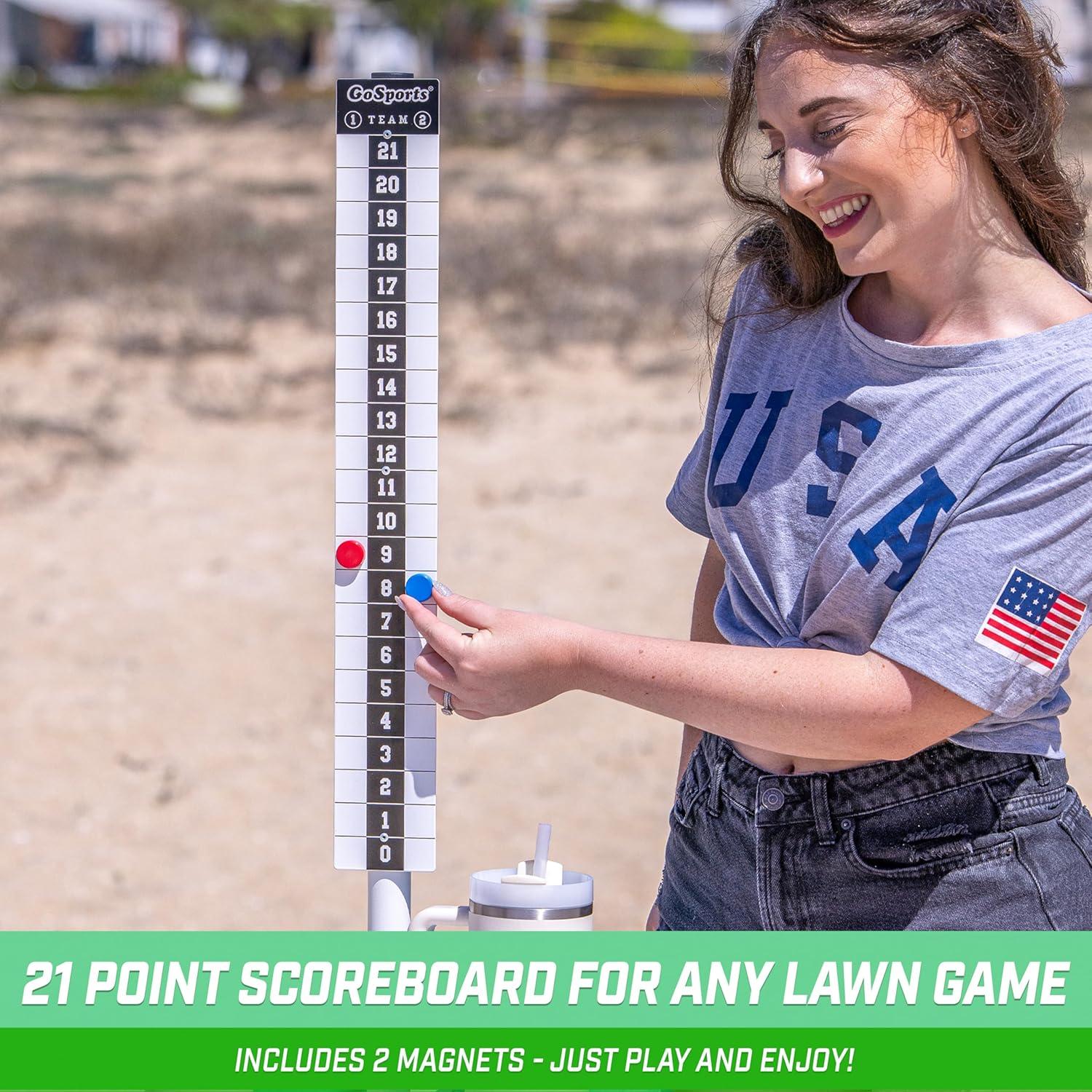 imageGoSports All Weather Metal Cornhole Scoreboard with Drink Holders Black or White Magnetic Outdoor Score Keeper for Yard Games Set of 2 ScoreCaddy TablesWhite