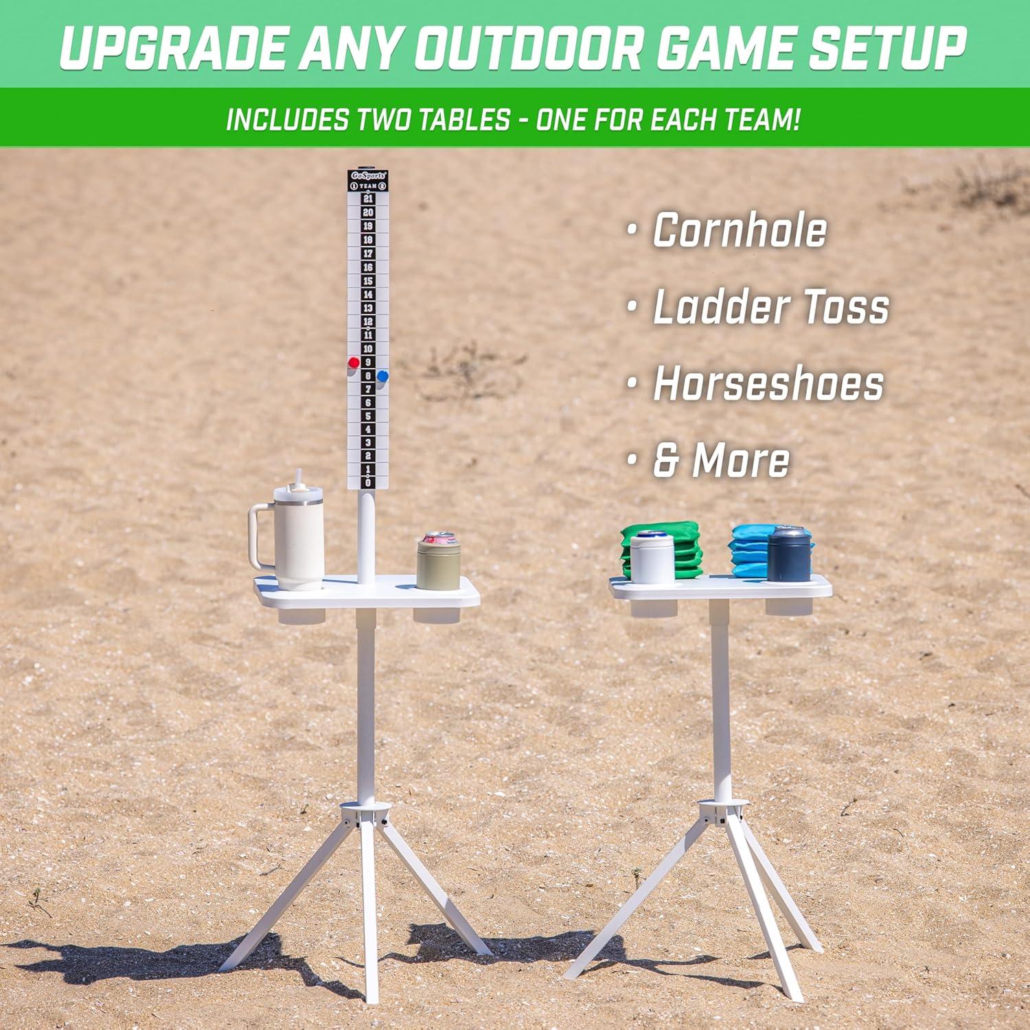 imageGoSports All Weather Metal Cornhole Scoreboard with Drink Holders Black or White Magnetic Outdoor Score Keeper for Yard Games Set of 2 ScoreCaddy TablesWhite