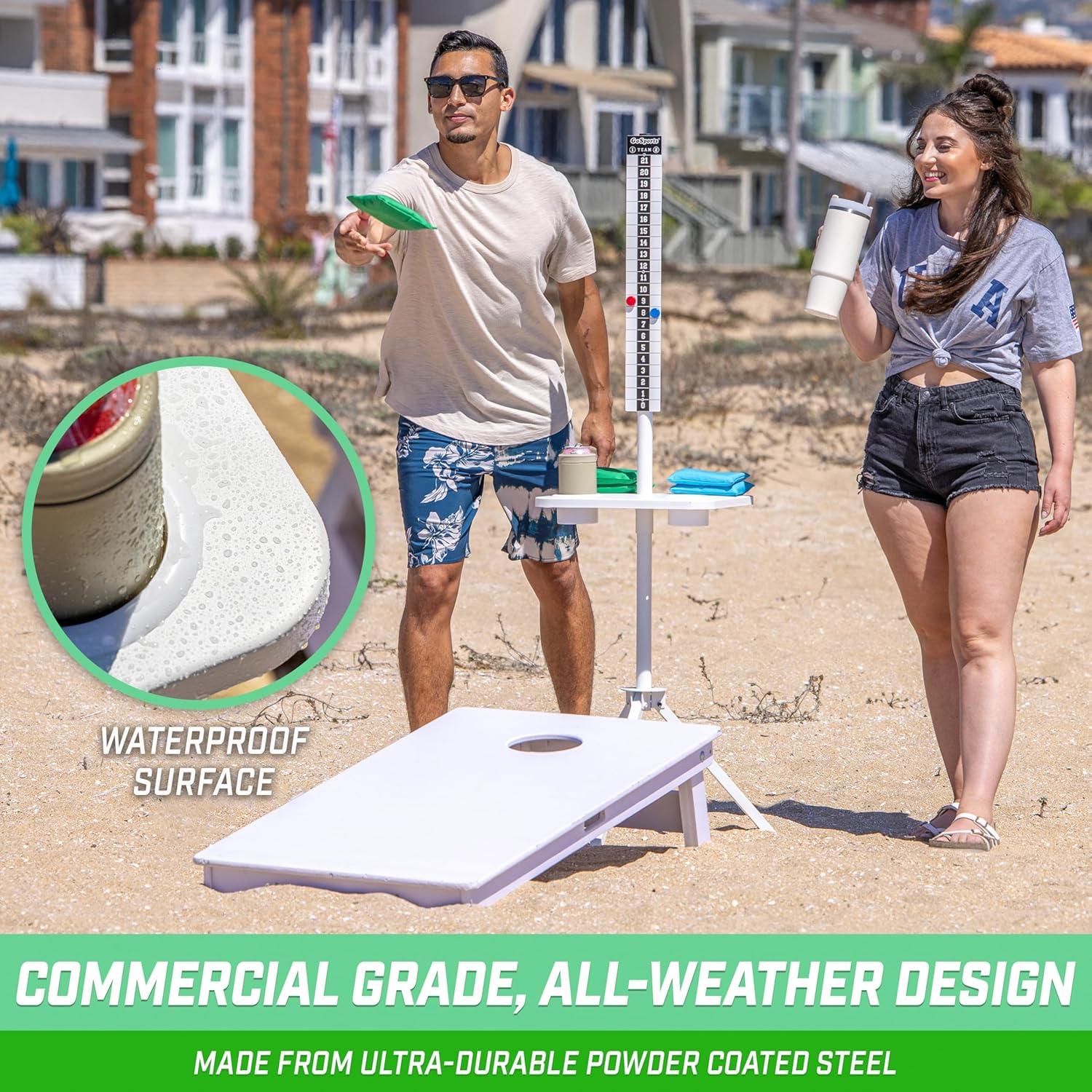 imageGoSports All Weather Metal Cornhole Scoreboard with Drink Holders Black or White Magnetic Outdoor Score Keeper for Yard Games Set of 2 ScoreCaddy TablesWhite