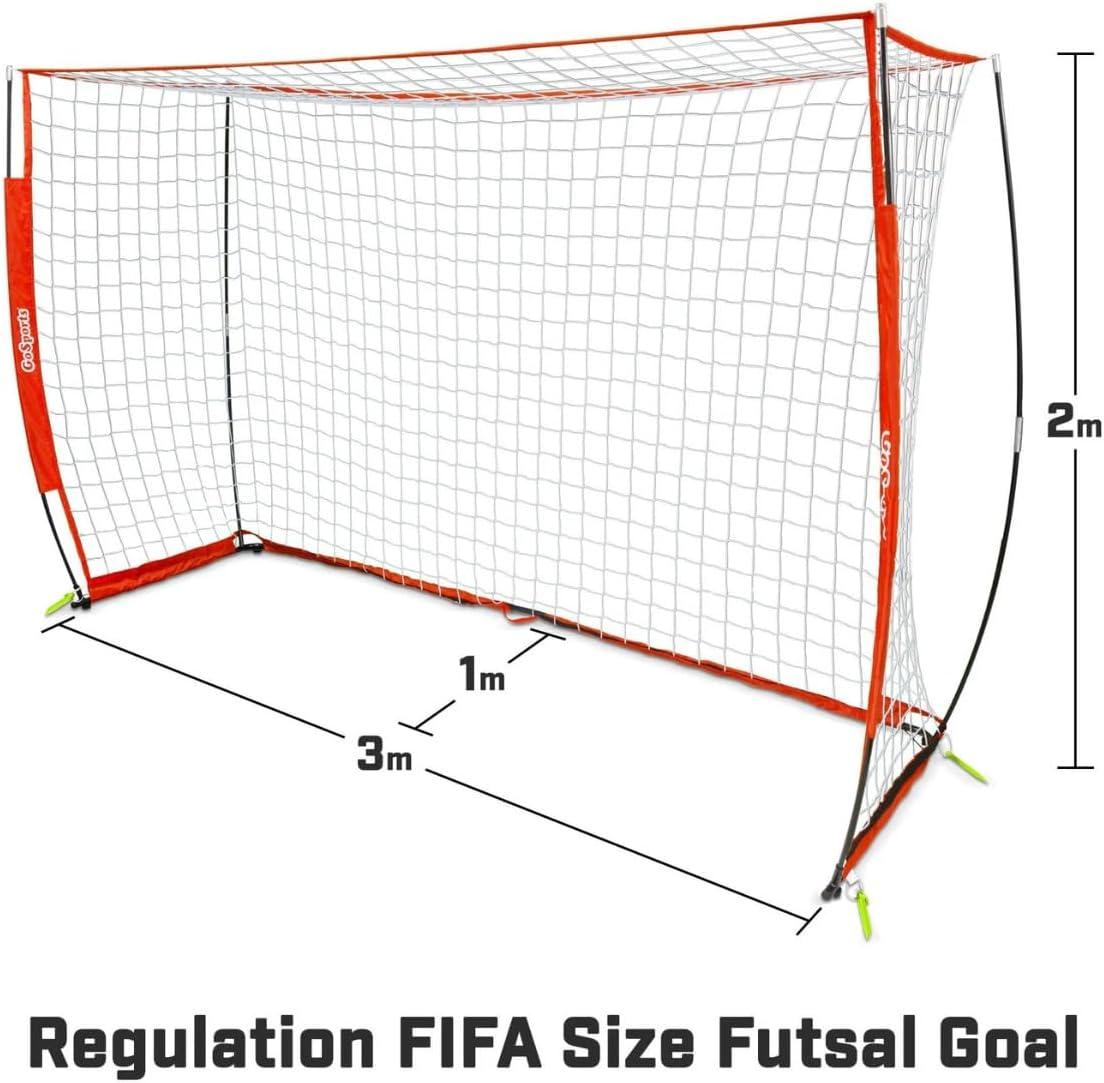imageGoSports ELITE Futsal Soccer Goal  3 M x 2 M Size Foldable Bow Type Frame and Net  Play ampamp Train Like The Pros Includes Carry Bag and Agility Cones