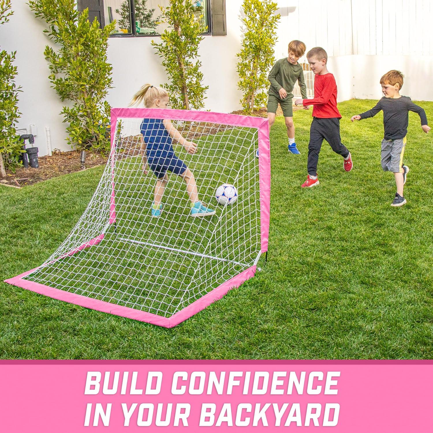 imageGoSports Portable Soccer Goals for Kids 13 Color Options Choose 4 x 3 ft or 6 x 4 ft Team Tone Pop Up Nets for BackyardPink