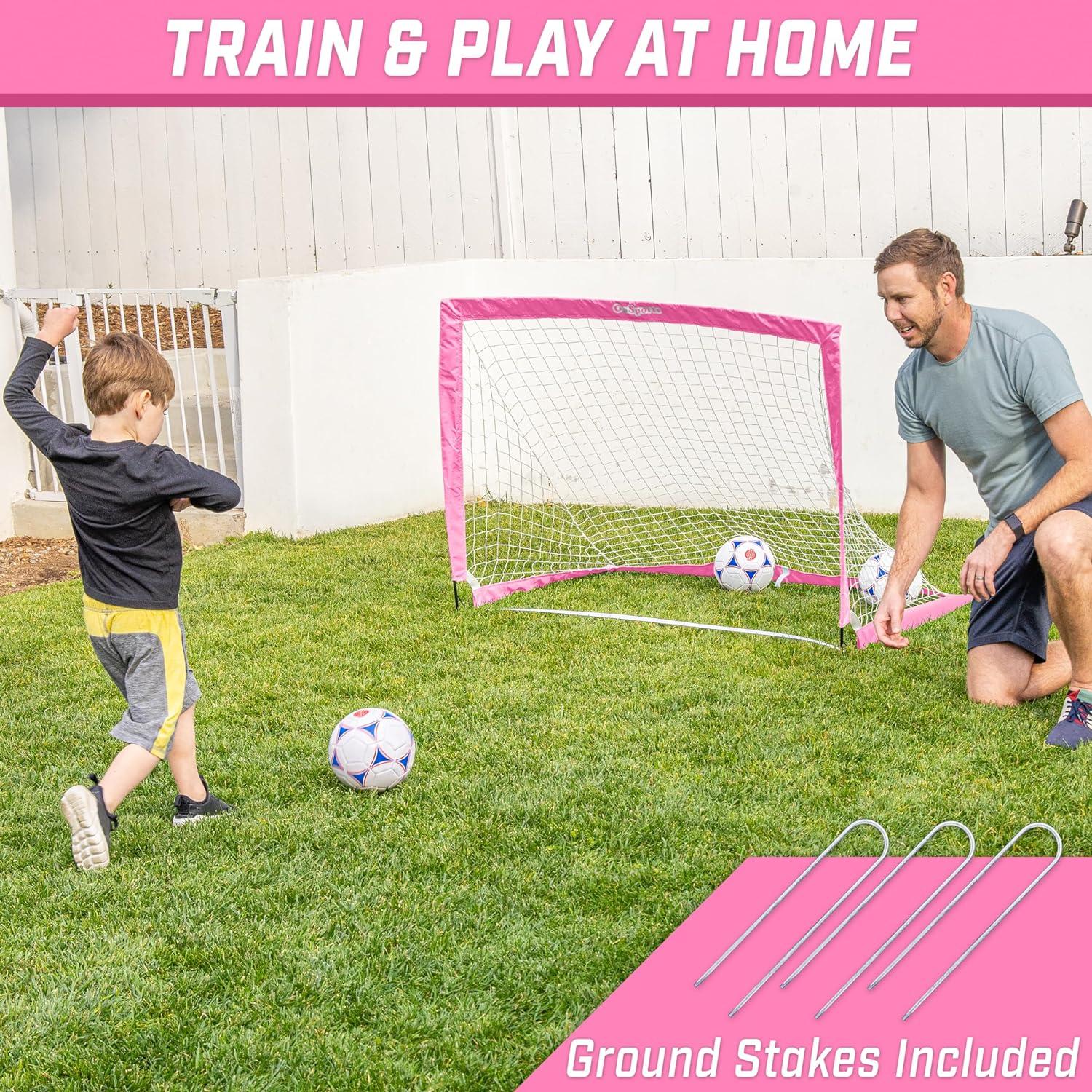 imageGoSports Portable Soccer Goals for Kids 13 Color Options Choose 4 x 3 ft or 6 x 4 ft Team Tone Pop Up Nets for BackyardPink