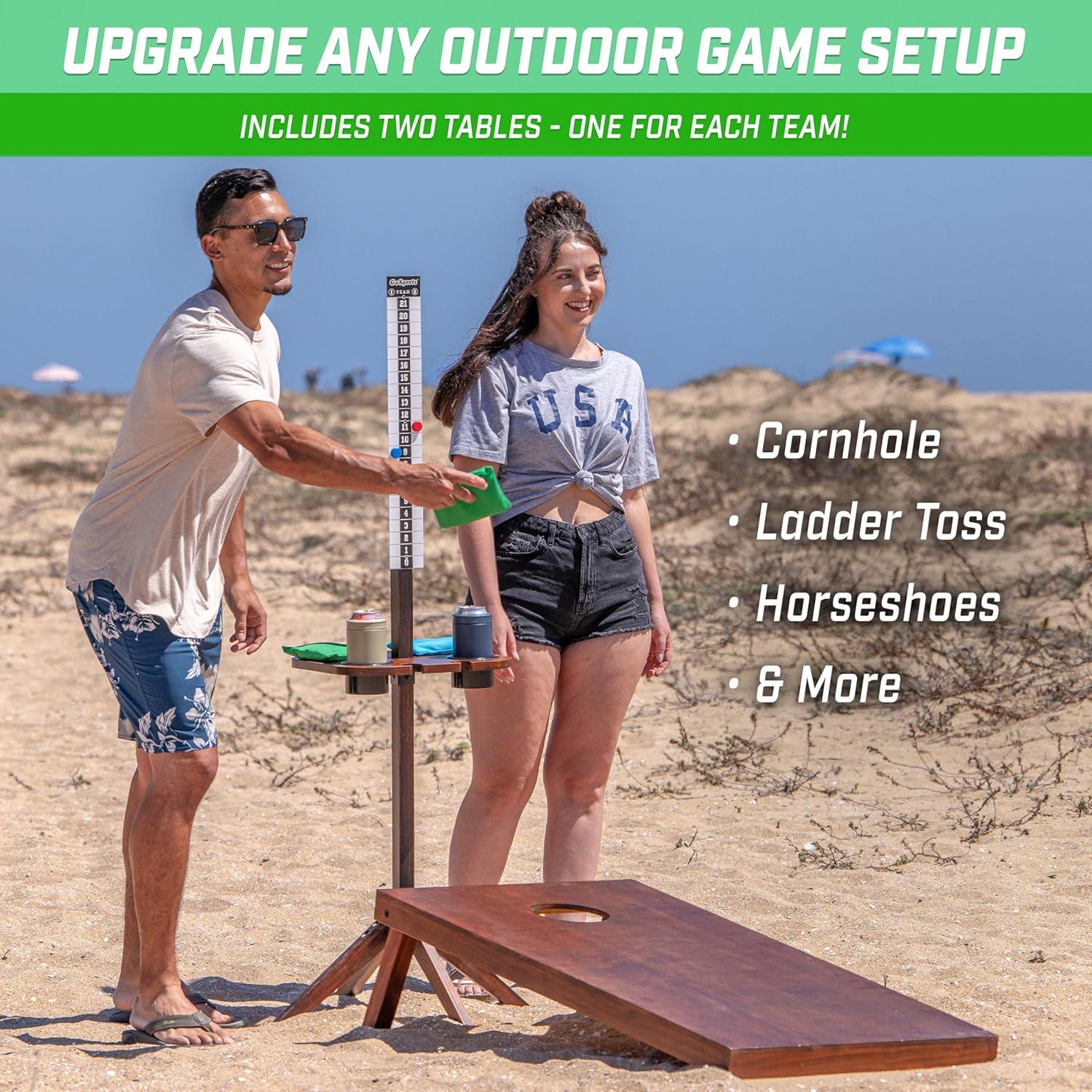 imageGoSports Wood Cornhole Scoreboard with Drink Holders  Dark Stain or White  Score Tracker Accessory for Backyard Games  Set of 2 ScoreCaddy TablesDark Stain Finish