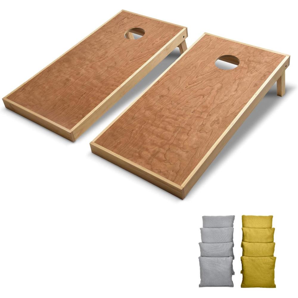 imageGoSports 4 ft x 2 ft Commercial Grade Cornhole Boards Set Natural Wood Cornhole Boards Choose From Different Bean Bag Color CombinationsGold Gray