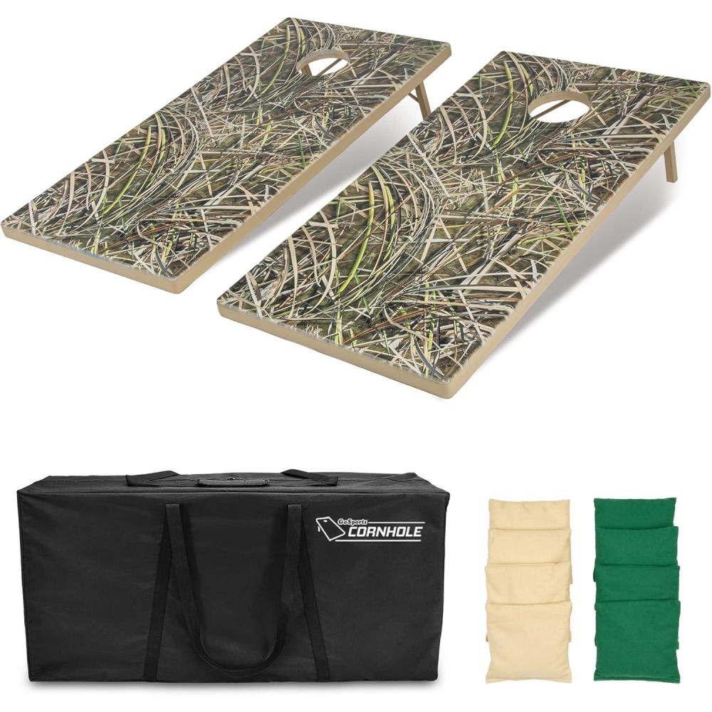 imageGoSports 4 x 2 ft All Weather Cornhole Boards  Rustic Reed Camo Woodland Camo or Wood  2 Regulation Size ToughToss Boards 8 Bean Bags and Carry CaseReed Camo