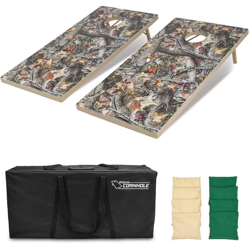 imageGoSports 4 x 2 ft All Weather Cornhole Boards  Rustic Reed Camo Woodland Camo or Wood  2 Regulation Size ToughToss Boards 8 Bean Bags and Carry CaseWoodland Camo