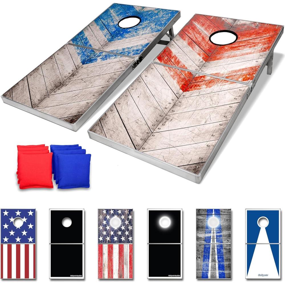 imageGoSports 4 x 2 ft Aluminum Cornhole Game Sets  Choose LED Lights or Standard  Set Includes 2 Foldable Regulation Size Boards 8 Bean Bags ampamp RulesRustic