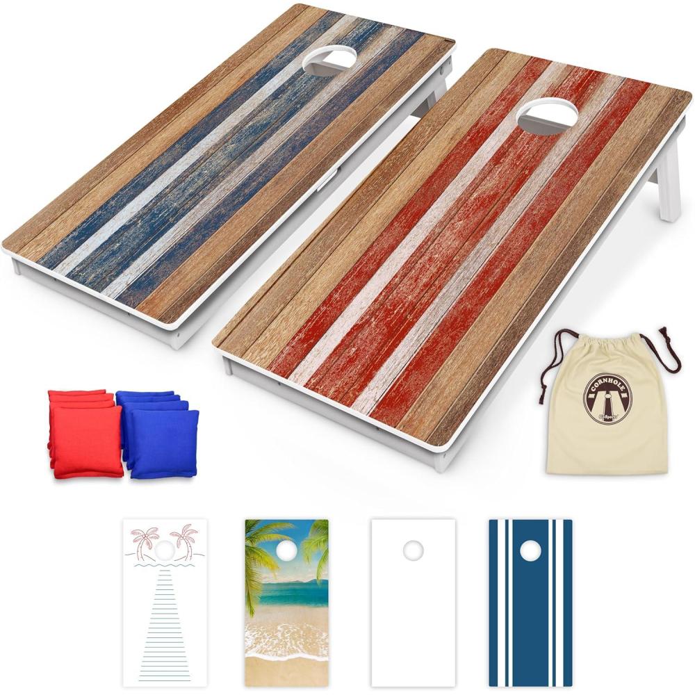 imageGoSports 4 x 2 ft Resort Collection All Weather Cornhole Boards  Choose Rustic Beach White DIY Blue Stripe Palms  Regulation Size SetRustic