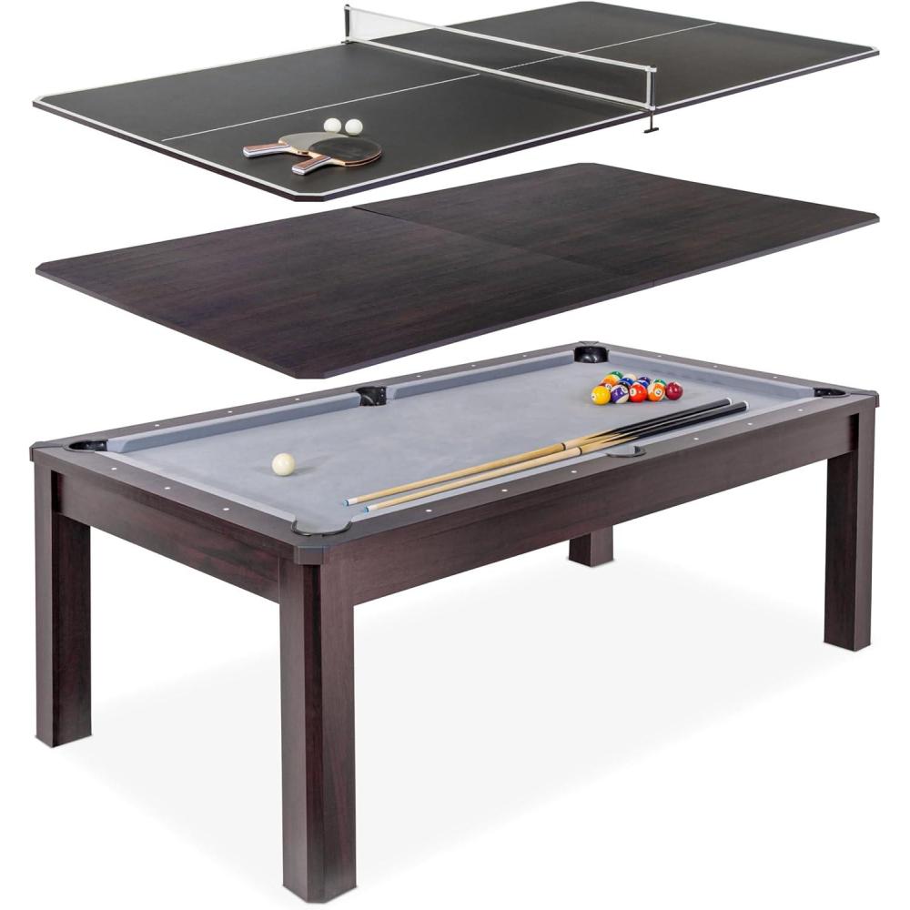 imageGoSports 7 ft 3 in 1 Pool Dining ampamp Table Tennis Combo Table and Storage Benches Convertible Top Game Table with Billiards and Table Tennis AccessoriesDark Oak Table