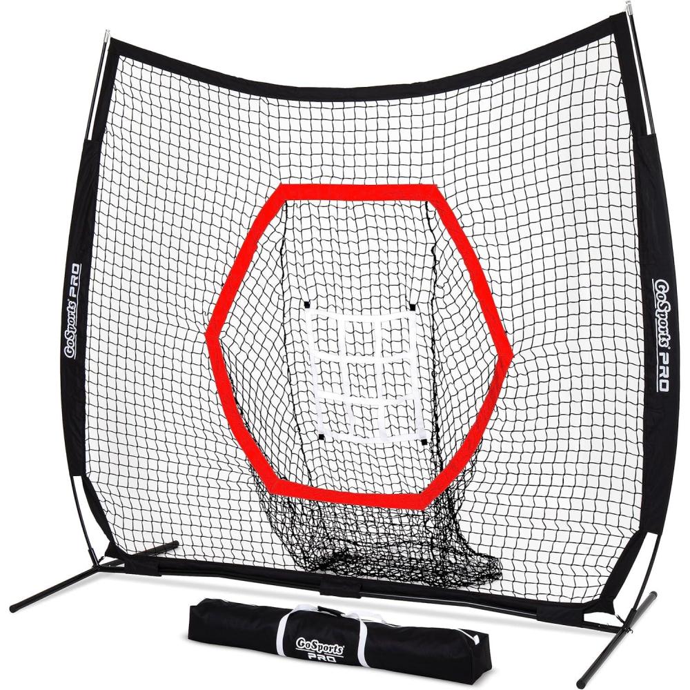imageGoSports 7 ft x 7 ft Baseball ampamp Softball Nets  Red Black or PRO Practice Hitting ampamp Pitching Net with Bow Type Frame Carry Bag and Strike Zone Great for All Skill LevelsPro