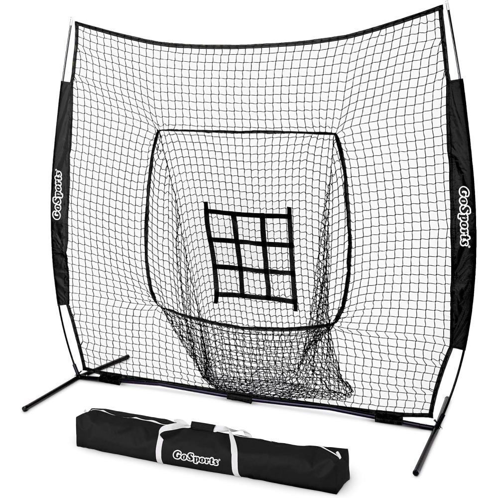 imageGoSports 7 ft x 7 ft Baseball ampamp Softball Nets  Red Black or PRO Practice Hitting ampamp Pitching Net with Bow Type Frame Carry Bag and Strike Zone Great for All Skill LevelsBlack