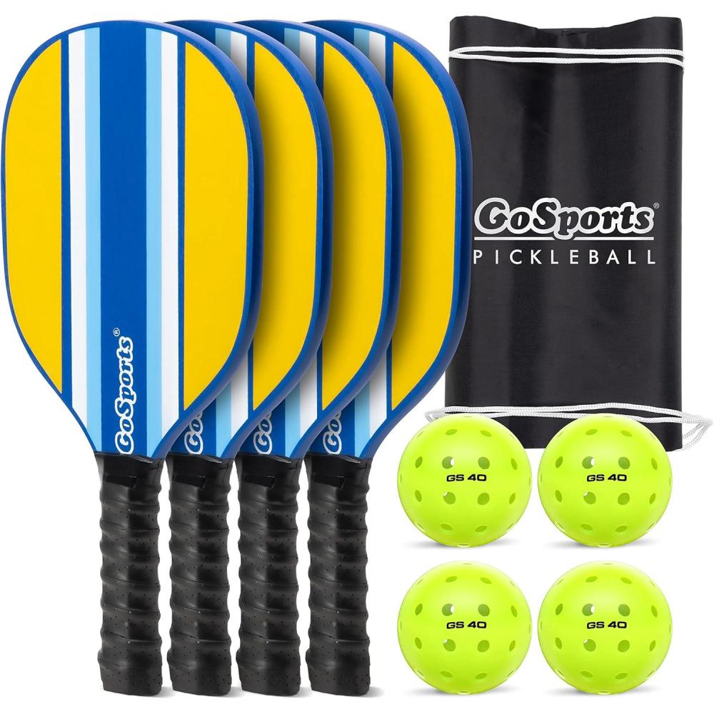 imageGoSports Pickleball Sets  Classic Retro Steel Blue or Yellow  Includes 4 Paddles 4 Regulation Pickleballs and Carry CaseRetro