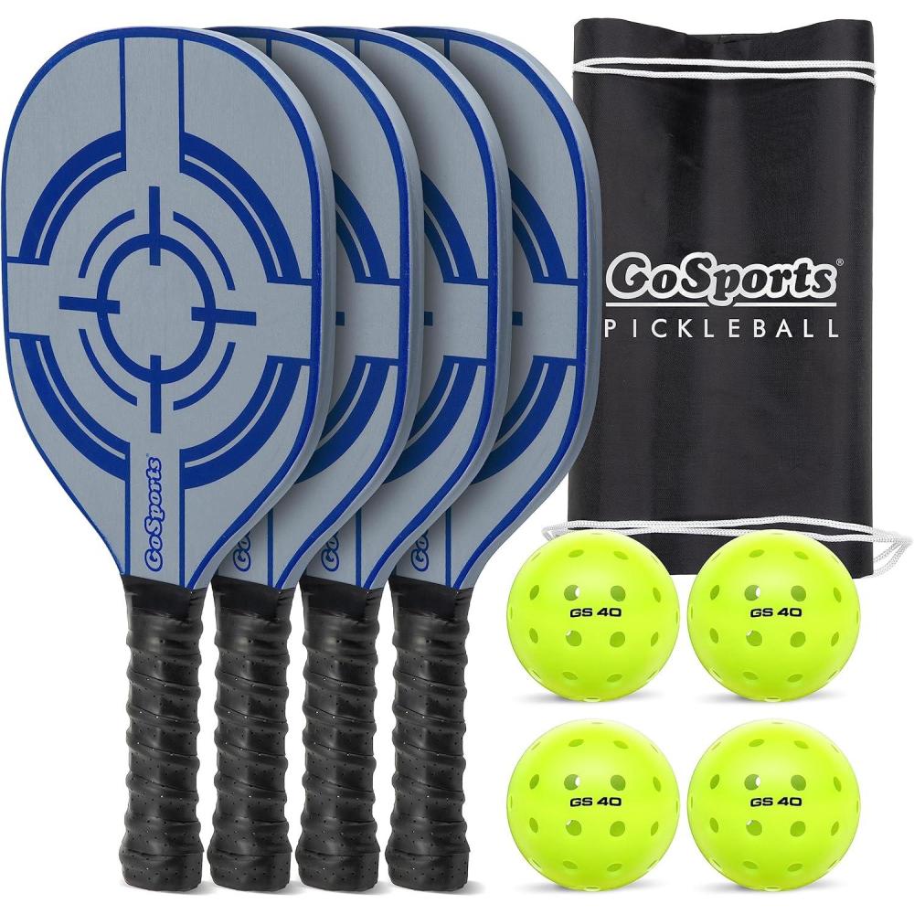 imageGoSports Pickleball Sets  Classic Retro Steel Blue or Yellow  Includes 4 Paddles 4 Regulation Pickleballs and Carry CaseSteel Blue