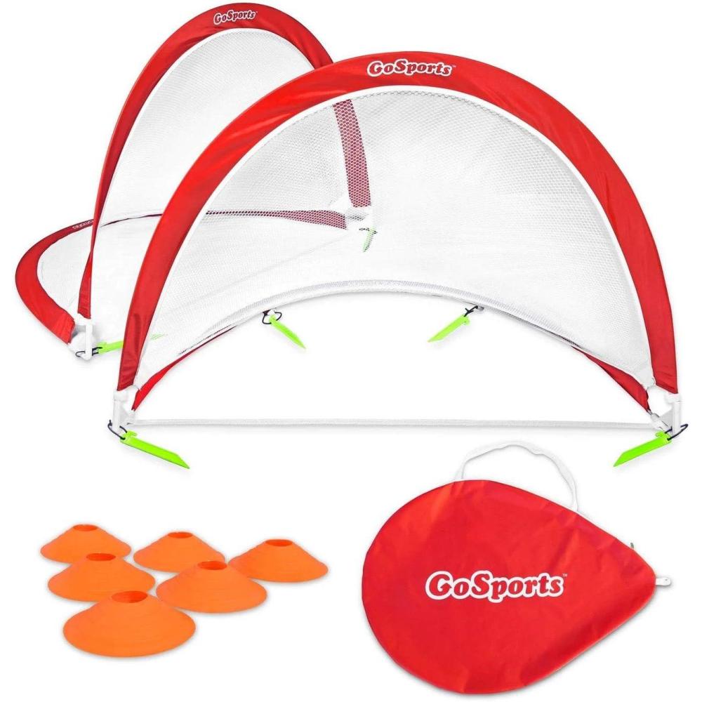 imageGoSports Portable PopUp Soccer Goals for Backyard  Kids ampamp Adults  Set of Two Nets with Agility Training Cones and Carrying CaseRed
