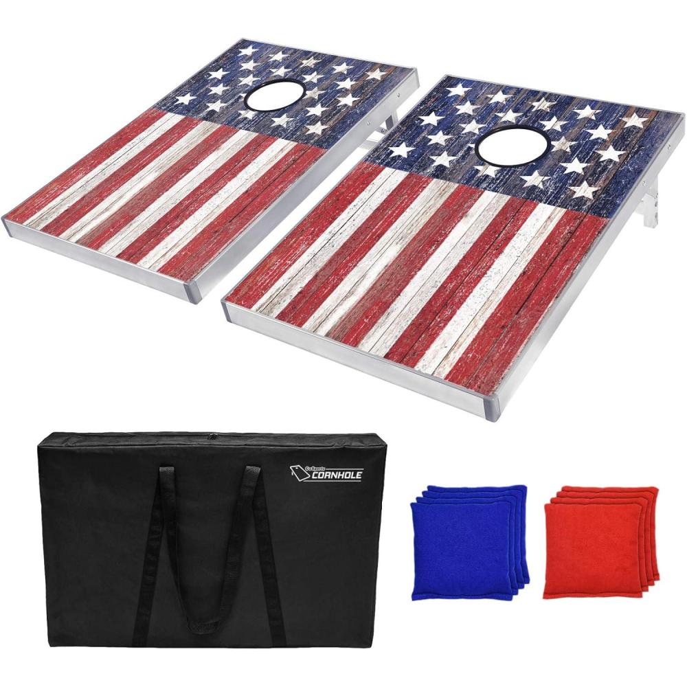 imageGoSports Tailgate Size 3 x 2 ft Cornhole Sets  Choose LED or Standard  Portable Set Includes 8 Bean Bags ampamp Game RulesRustic American Flag Edition