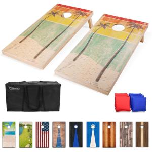 GoSports 4 x 2 ft Regulation Size Wood Cornhole Boards – 10 Vintage Wood Designs (Choose Your Style)(Retro Beach)