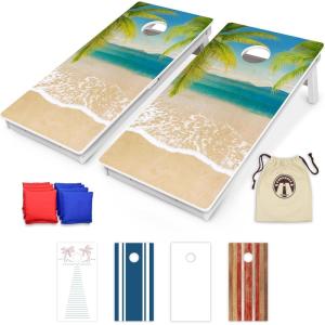 GoSports 4 x 2 ft Resort Collection All Weather Cornhole Boards – Choose Rustic, Beach, White DIY, Blue Stripe, Palms – Regulation Size Set(Beach)