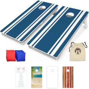 GoSports 4 x 2 ft Resort Collection All Weather Cornhole Boards – Choose Rustic, Beach, White DIY, Blue Stripe, Palms – Regulation Size Set(Blue Stripe)