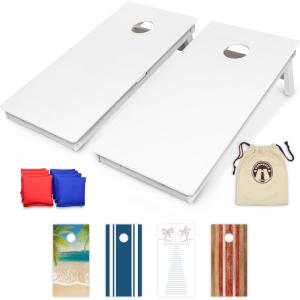 GoSports 4 x 2 ft Resort Collection All Weather Cornhole Boards – Choose Rustic, Beach, White DIY, Blue Stripe, Palms – Regulation Size Set(White DIY)