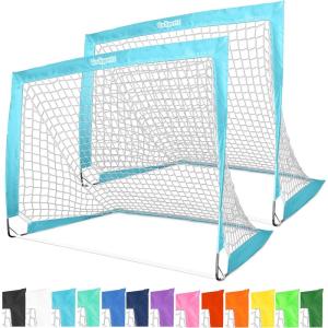 GoSports 4 x 3 ft Portable Soccer Goals for Kids – 13 Colors – Set of 2 Team Tone Pop Up Nets for Backyard(Light Blue)