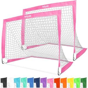 GoSports 4 x 3 ft Portable Soccer Goals for Kids – 13 Colors – Set of 2 Team Tone Pop Up Nets for Backyard(Pink)