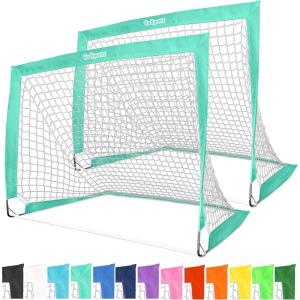 GoSports 4 x 3 ft Portable Soccer Goals for Kids – 13 Colors – Set of 2 Team Tone Pop Up Nets for Backyard(Turquoise)
