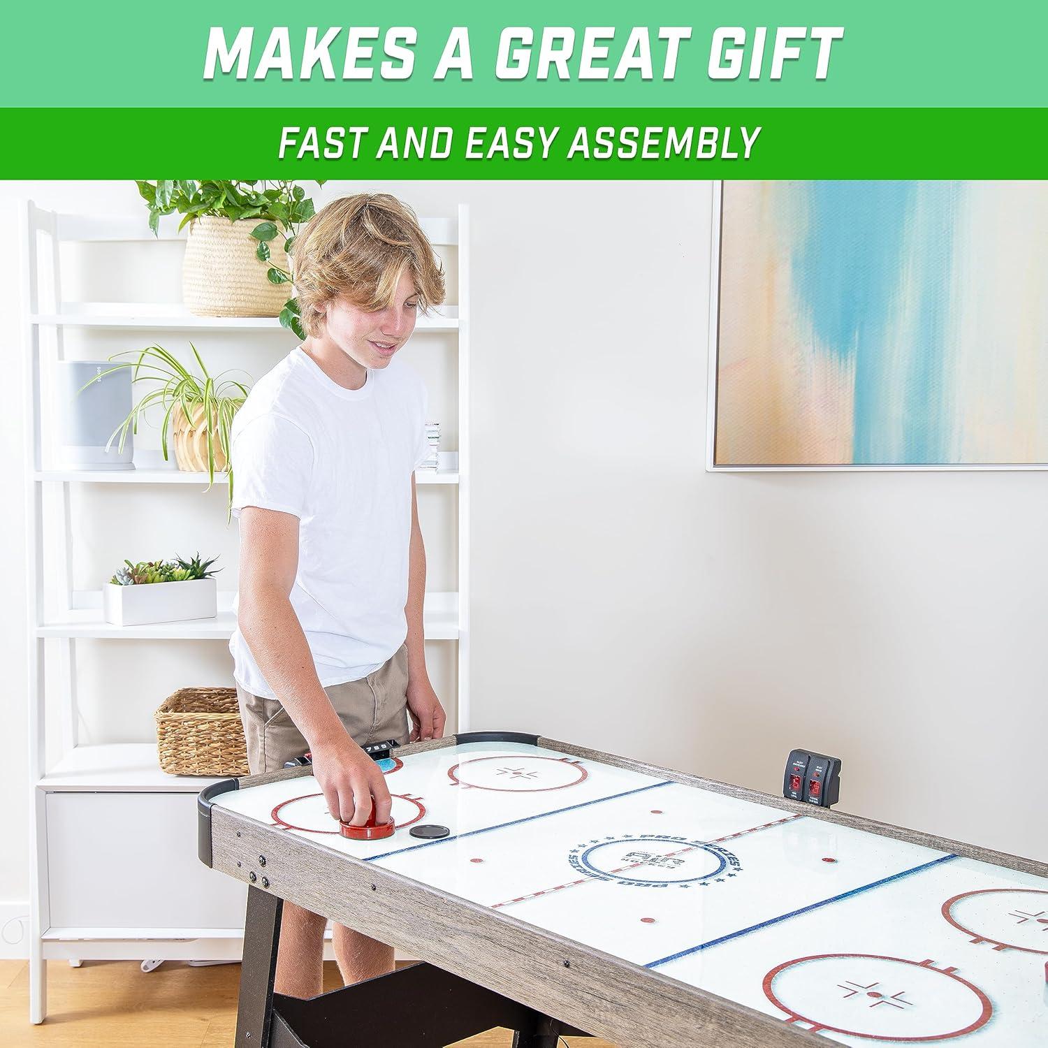 imageGoSports 54 Inch Air Hockey Arcade Table for Kids ampamp Adults Oak or Black Includes 2 Pushers 3 Pucks AC Motor and LED ScoreboardOak
