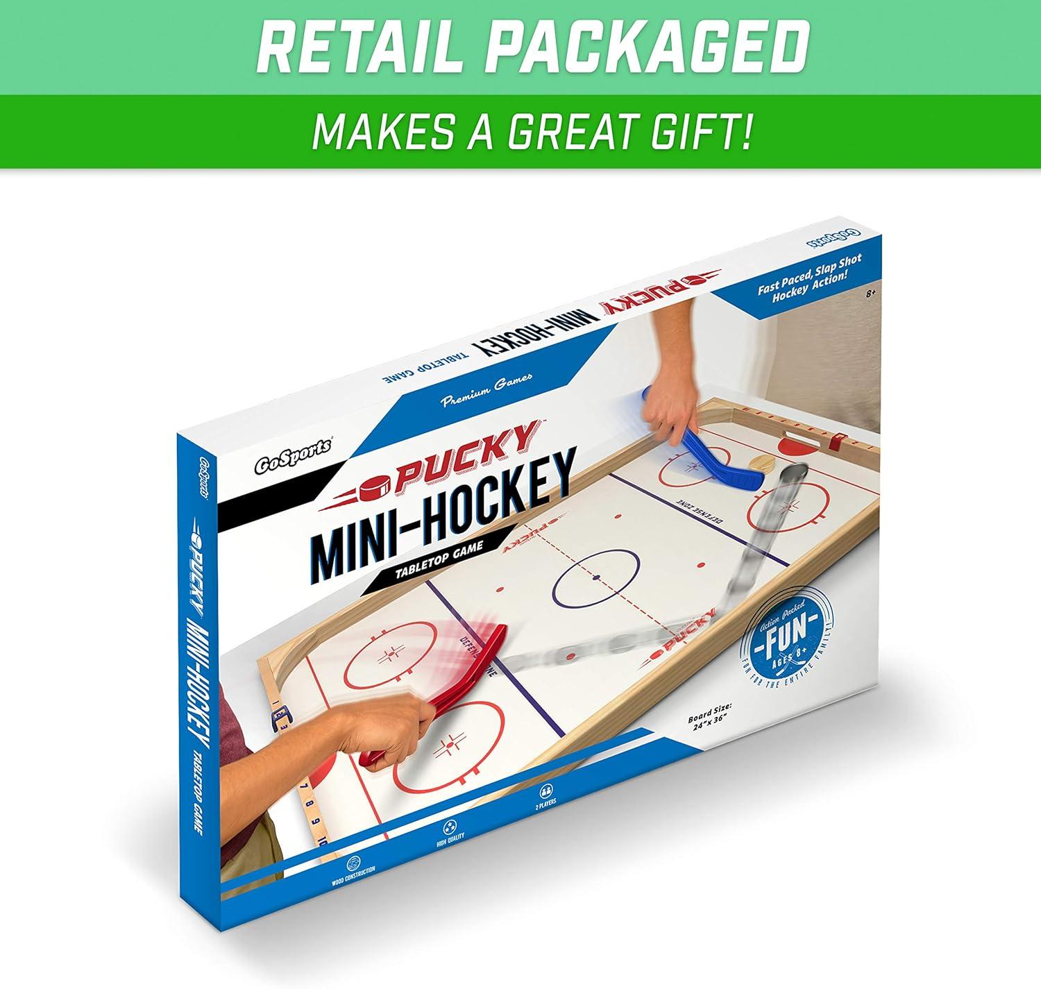 imageGoSports Hockey Ice Pucky Wooden Table Top Hockey Game for Kids ampamp Adults Includes 1 Game Board 2 Hockey Sticks ampamp 3 Pucks