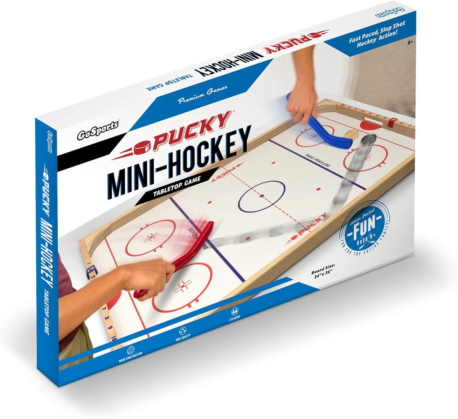 imageGoSports Hockey Ice Pucky Wooden Table Top Hockey Game for Kids ampamp Adults Includes 1 Game Board 2 Hockey Sticks ampamp 3 Pucks