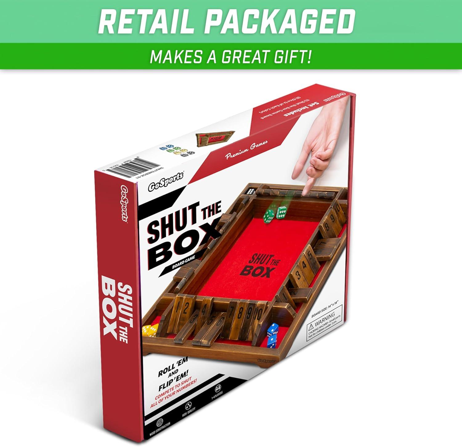 imageGoSports Shut The Box Premium Wooden Dice Game Classic 4 Player Family Board Game 10 Number Rows with Red Felt Dice and Wood Stain Finish for Kids and Adults