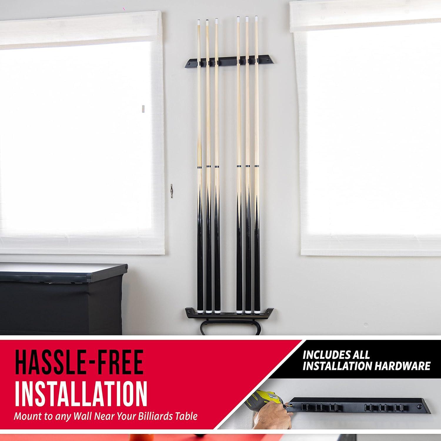 imageGoSports Wall Mounted Pool Cue Stick Holder Holds 6 Billiards Cues and 2 Triangle Racks OakBlack