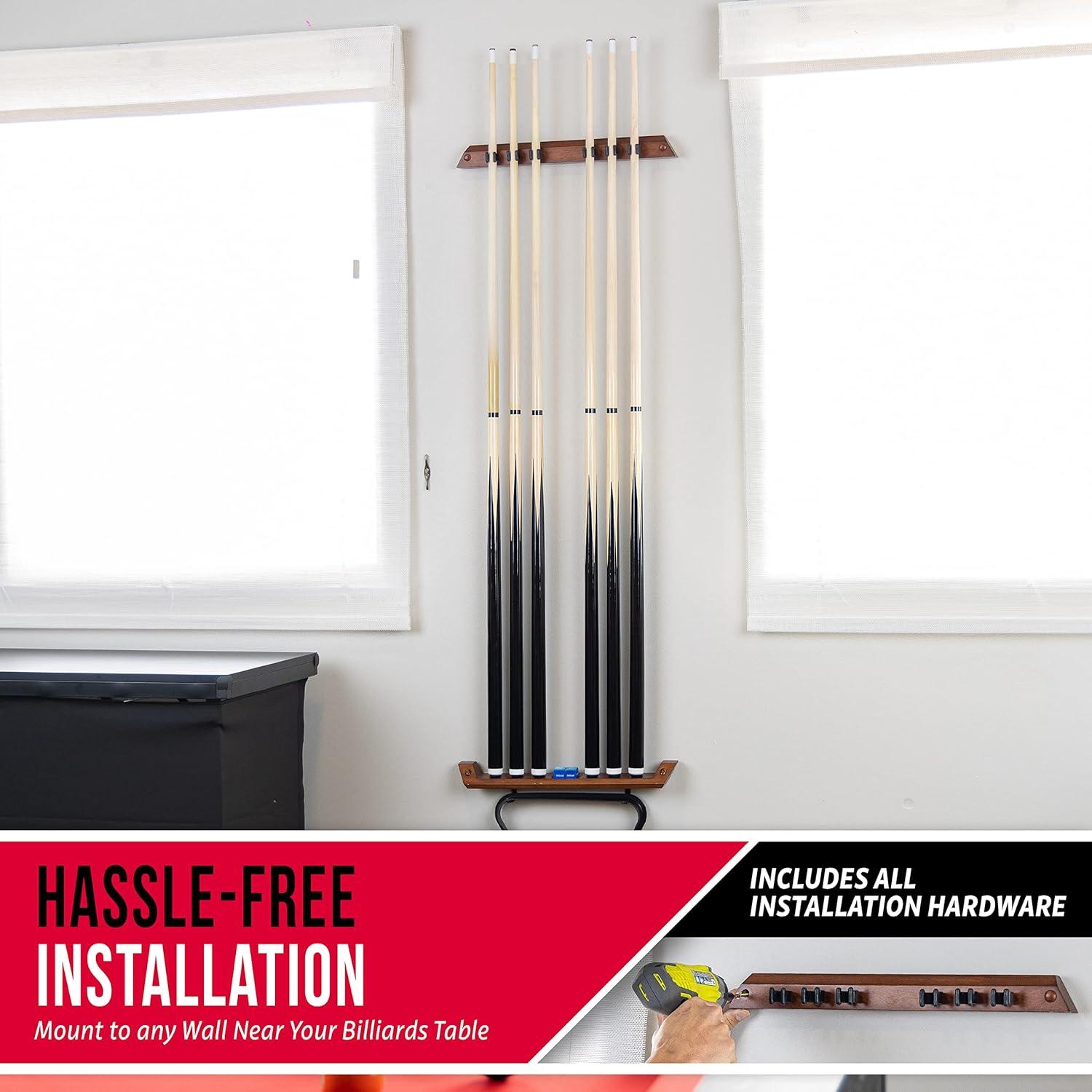 imageGoSports Wall Mounted Pool Cue Stick Holder Holds 6 Billiards Cues and 2 Triangle Racks OakBrown