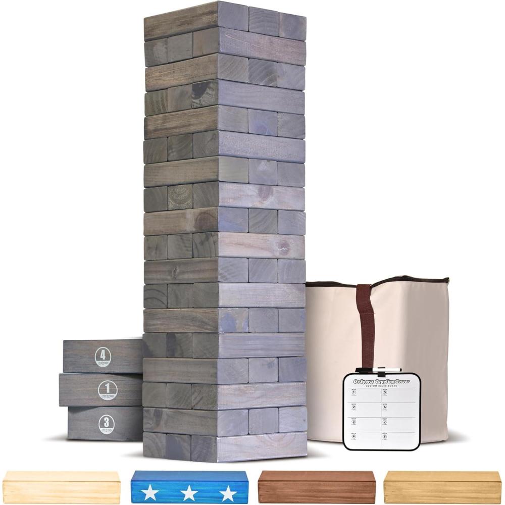 imageGoSports Giant Wooden Stacking Game  Stacks Up to 5 ft  Choose Brown Wood Stain Gray Natural Stars ampamp Stripes or Tropical Hardwood  Toppling TowerGray