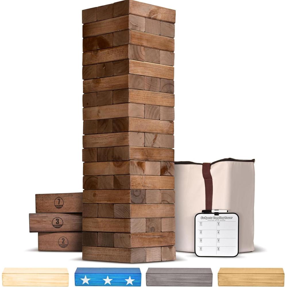 imageGoSports Giant Wooden Stacking Game  Stacks Up to 5 ft  Choose Brown Wood Stain Gray Natural Stars ampamp Stripes or Tropical Hardwood  Toppling TowerBrown