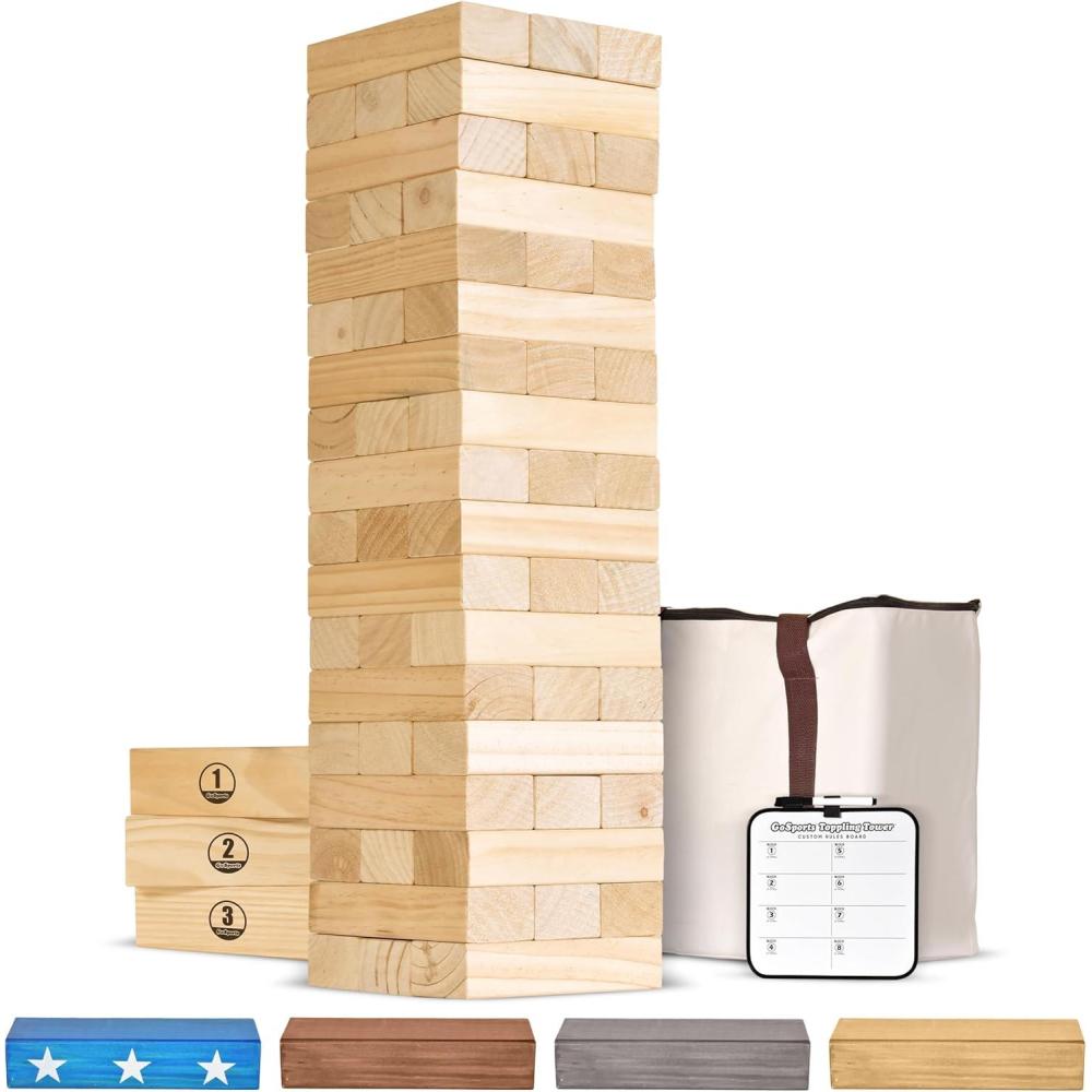 imageGoSports Giant Wooden Stacking Game  Stacks Up to 5 ft  Choose Brown Wood Stain Gray Natural Stars ampamp Stripes or Tropical Hardwood  Toppling TowerNatural Wood
