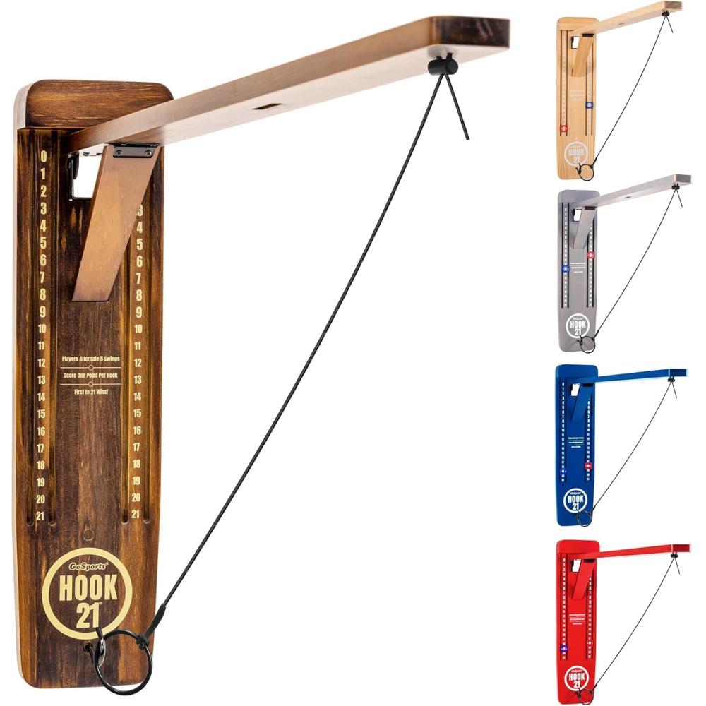 imageGoSports Hook 21 Wall Mount Ring Swing Game  Play Indoors or Outdoors with Foldable ArmBrown