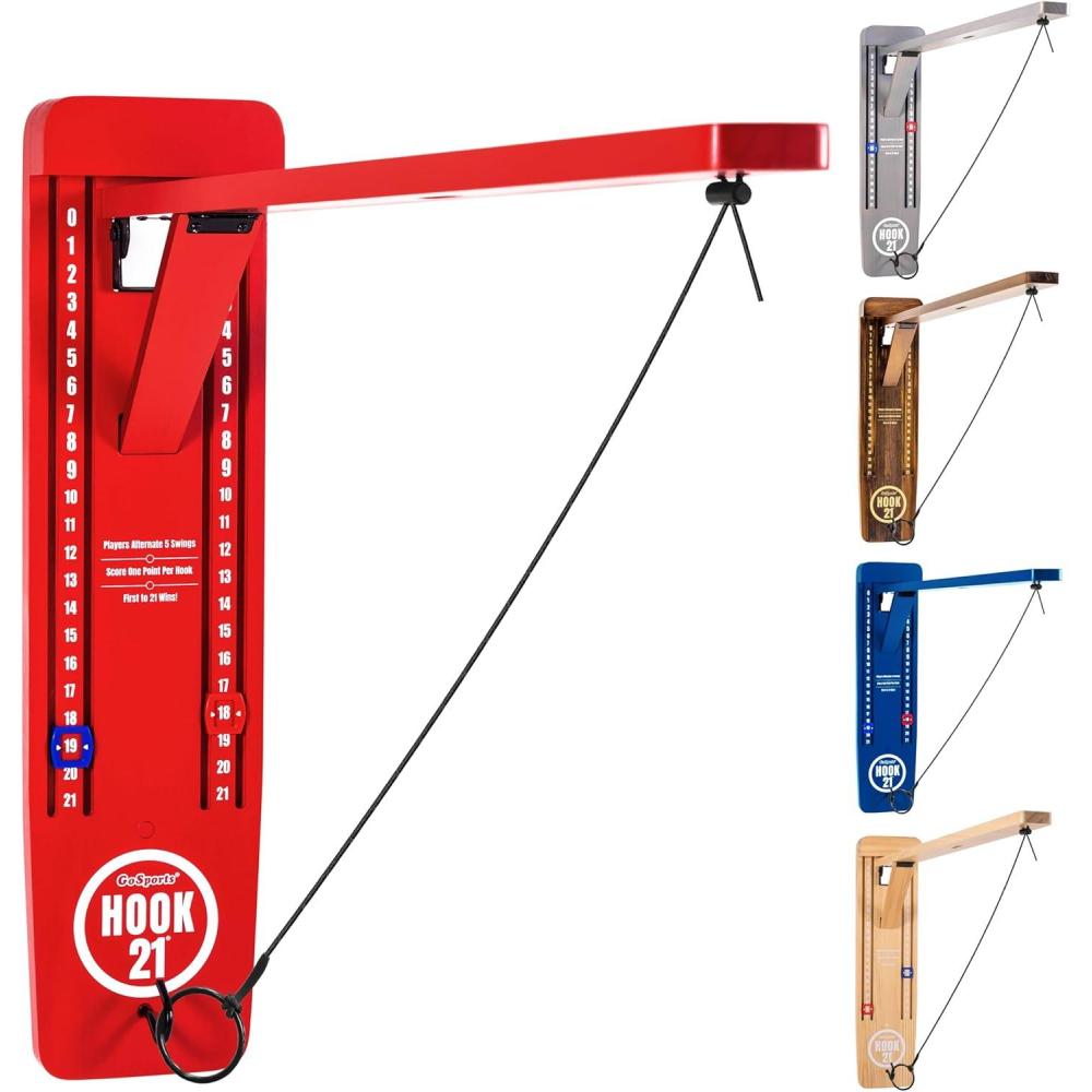 imageGoSports Hook 21 Wall Mount Ring Swing Game  Play Indoors or Outdoors with Foldable ArmRed