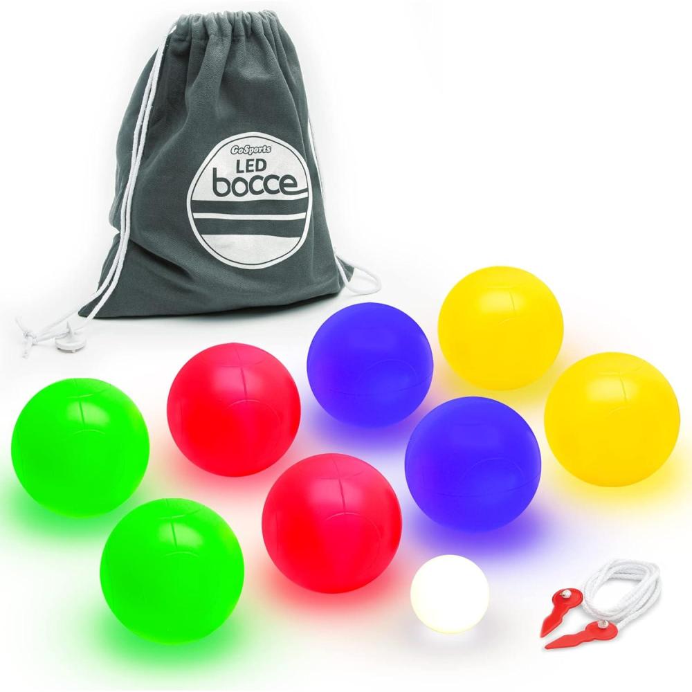 imageGoSports LED Bocce Ball Game Set  Includes 8 Light Up Bocce Balls Pallino Case and Measuring Rope  Choose 85 mm or 100 mmmulti