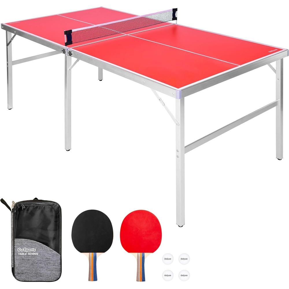 imageGoSports MidSize Table Tennis Game Set  Red or Blue  IndoorOutdoor Portable Table Tennis Game with Net 2 Table Tennis Paddles and 4 BallsRed Table