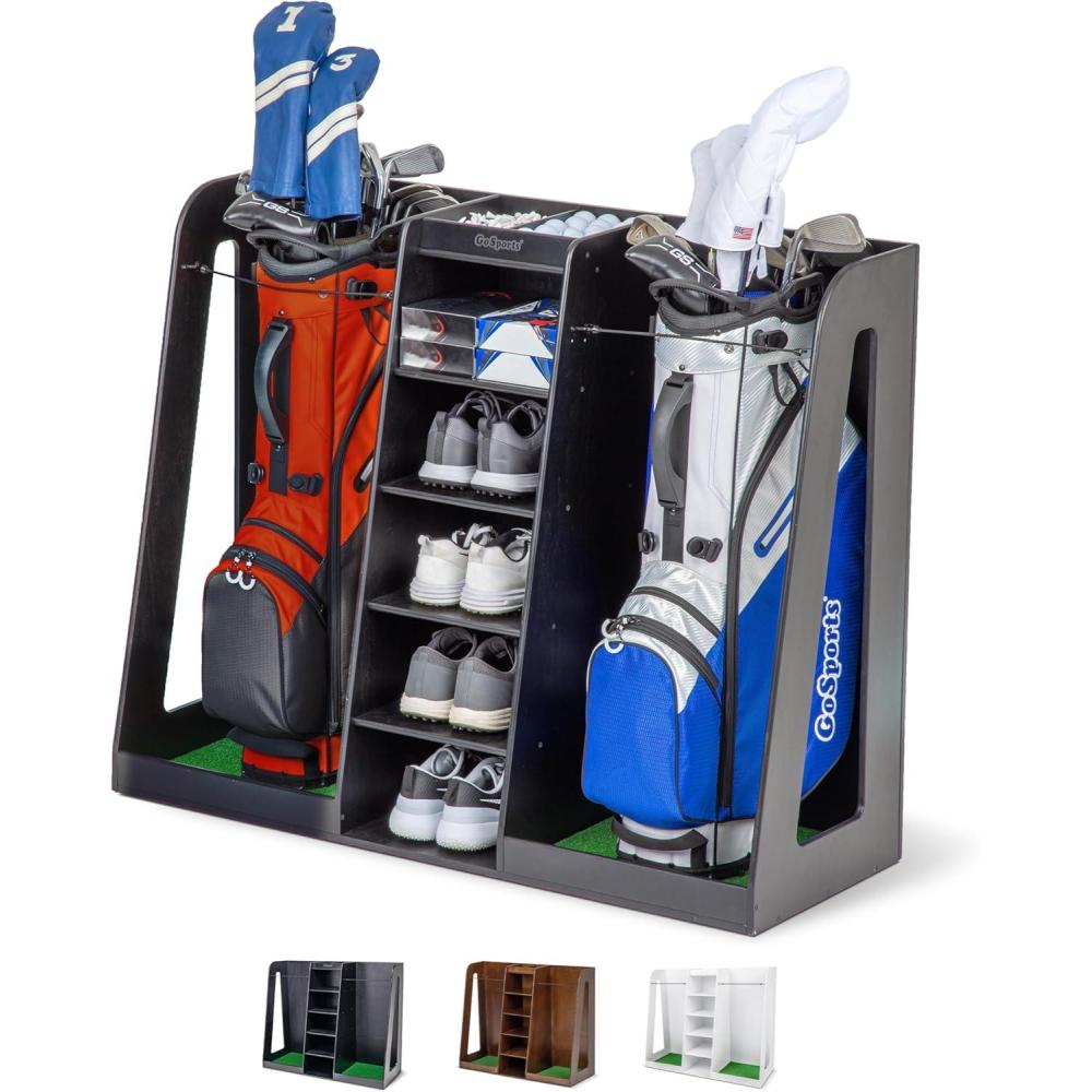 imageGoSports Premium Wooden Golf Bag Organizer and Storage Rack  Black White or Brown Finish  Holds 2 Golf BagsDouble Rack  Black