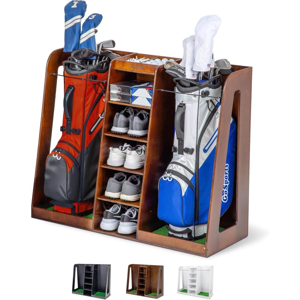 imageGoSports Premium Wooden Golf Bag Organizer and Storage Rack  Black White or Brown Finish  Holds 2 Golf BagsDouble Rack  Brown