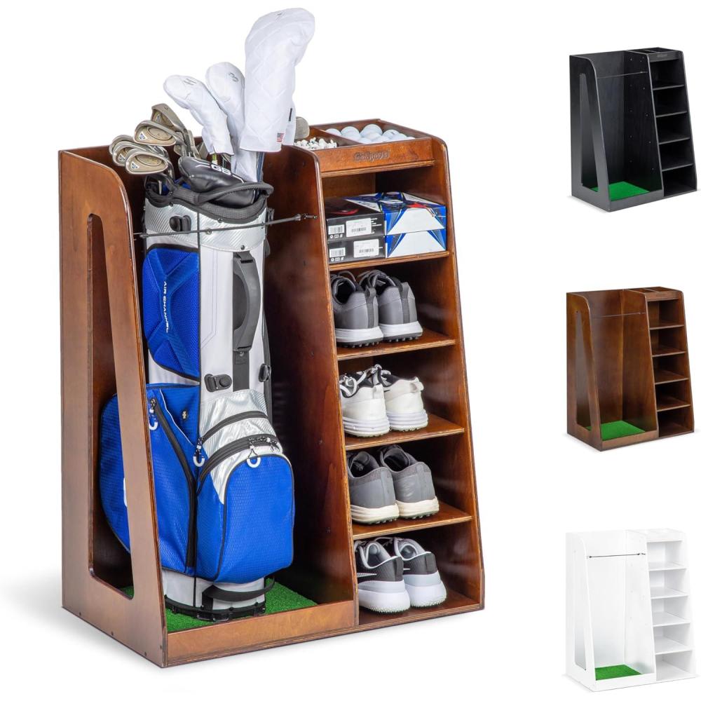 imageGoSports Premium Wooden Golf Bag Organizer and Storage Rack  Black White or Brown FinishBrown
