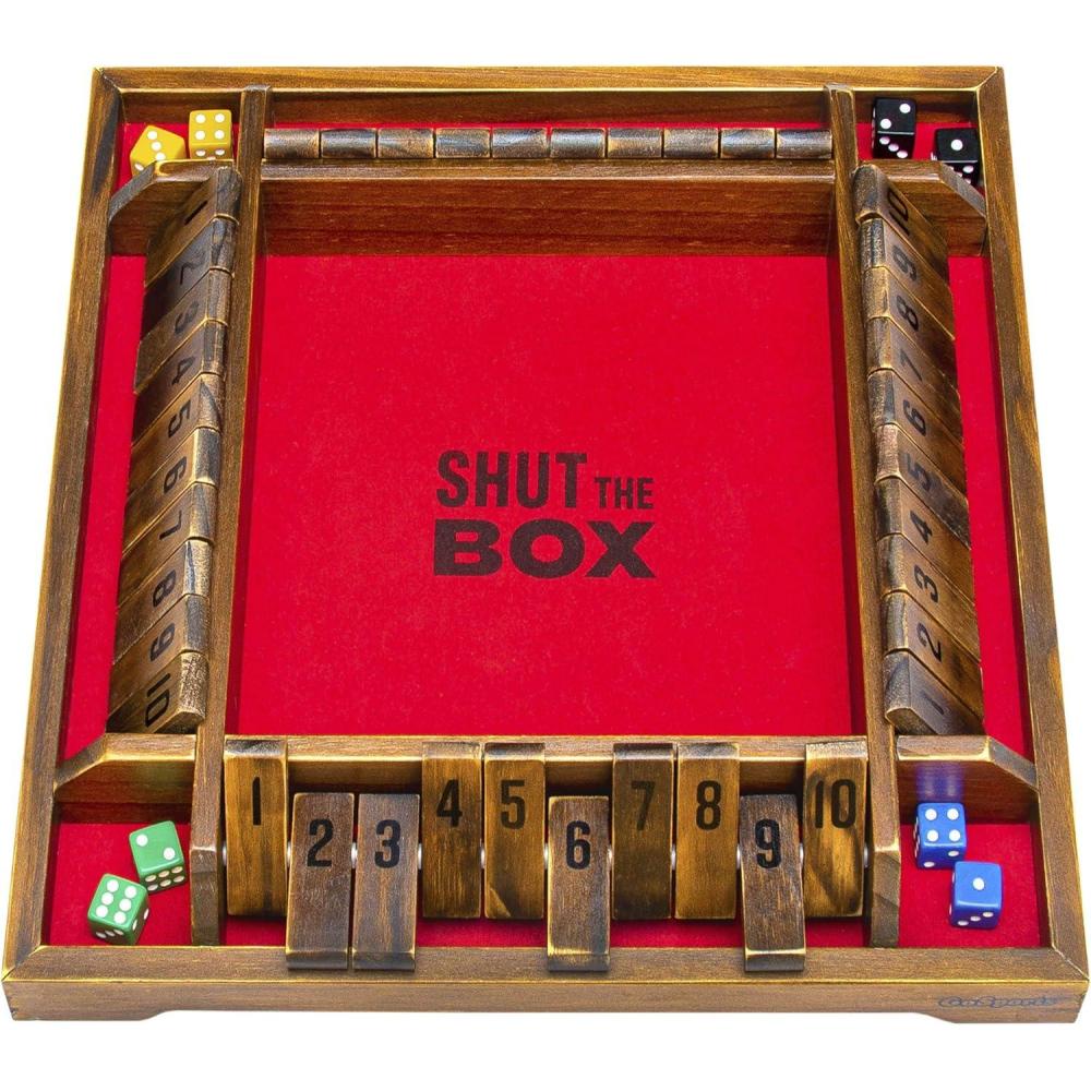 imageGoSports Shut The Box Premium Wooden Dice Game Classic 4 Player Family Board Game 10 Number Rows with Red Felt Dice and Wood Stain Finish for Kids and Adults