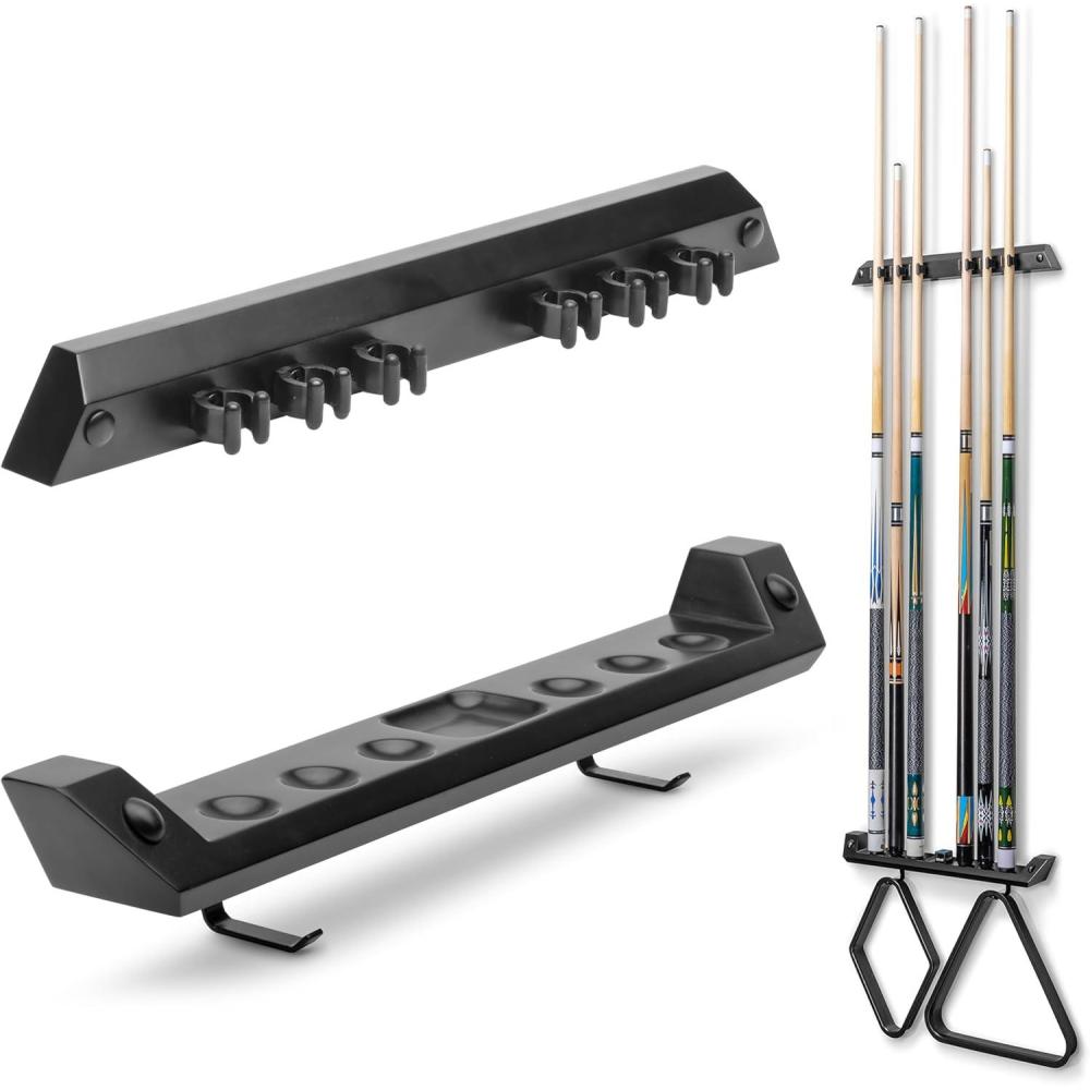 imageGoSports Wall Mounted Pool Cue Stick Holder  Holds 6 Billiards Cues and 2 Triangle Racks  OakBlack