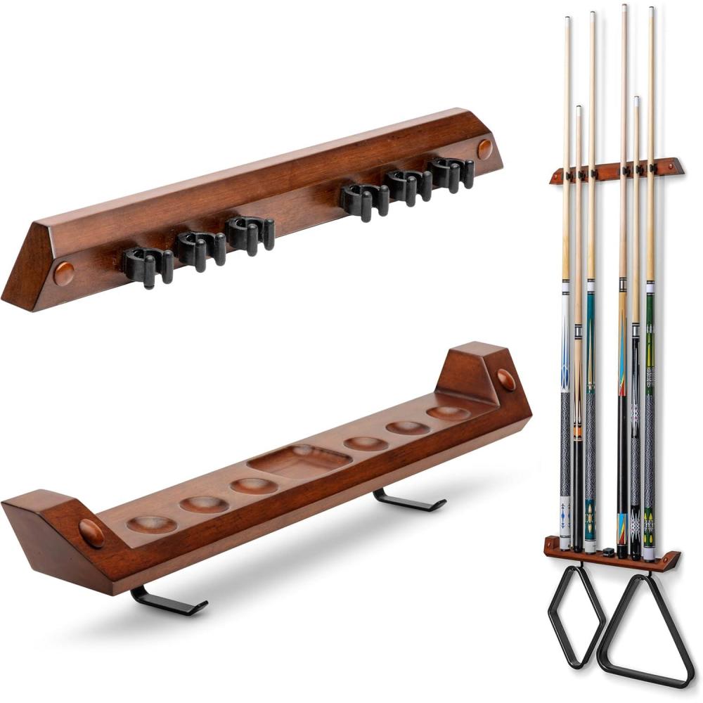 imageGoSports Wall Mounted Pool Cue Stick Holder Holds 6 Billiards Cues and 2 Triangle Racks OakBrown