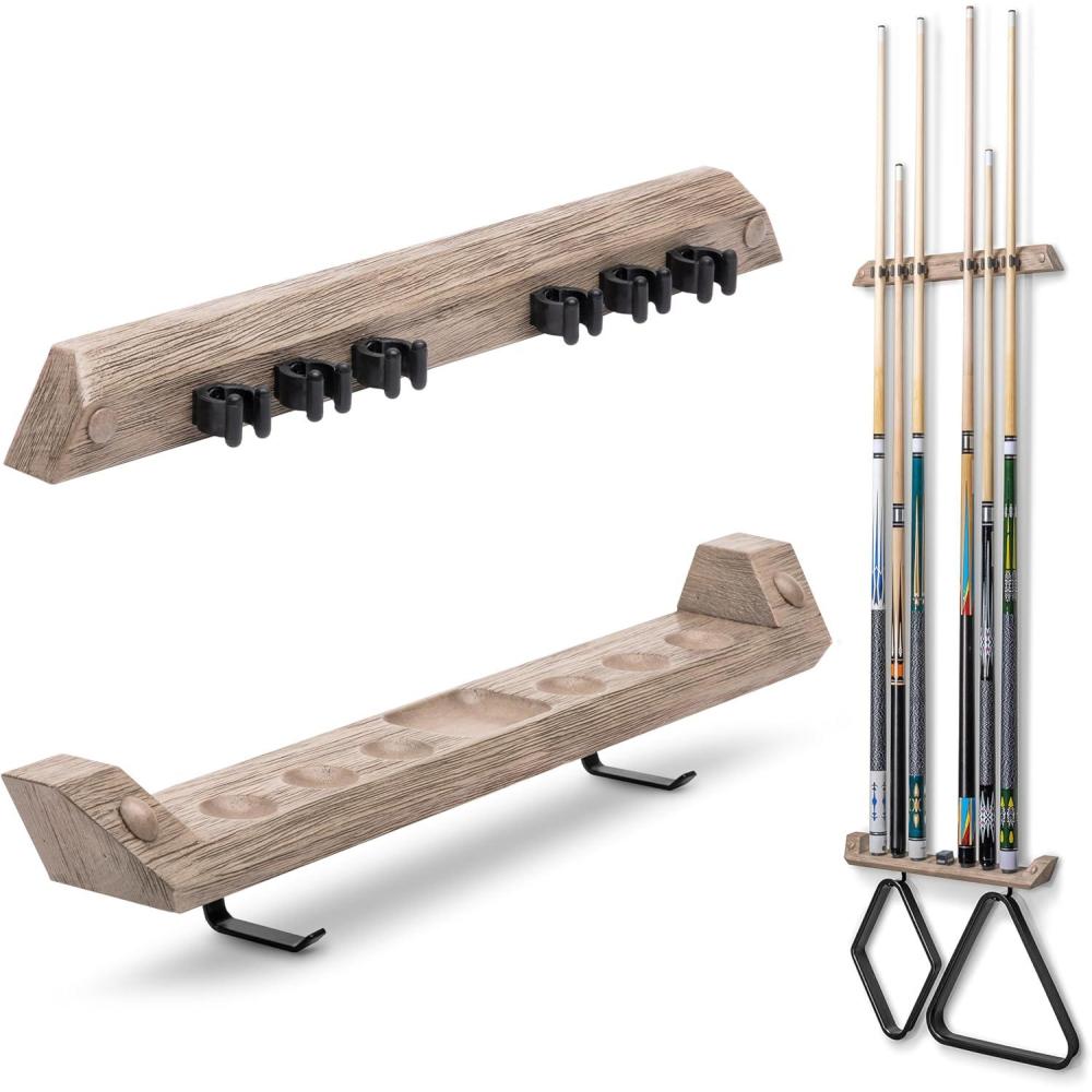 imageGoSports Wall Mounted Pool Cue Stick Holder  Holds 6 Billiards Cues and 2 Triangle Racks  OakOak